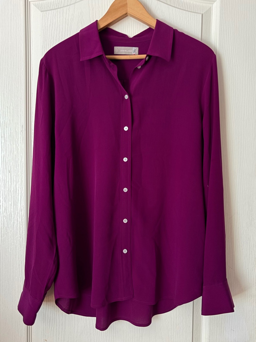 Everlane Clean 100% Silk Relaxed Plum Purple Button Down Long Sleeve Shirt, 14